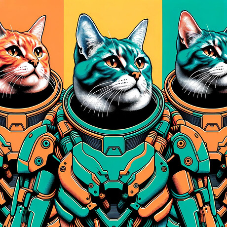 DALL·E 2023-10-13 11.27.50 - Illustration in a repetitive and colorful style akin to pop art, featuring a cat in a sleek exosuit. The background alternates between contrasting col