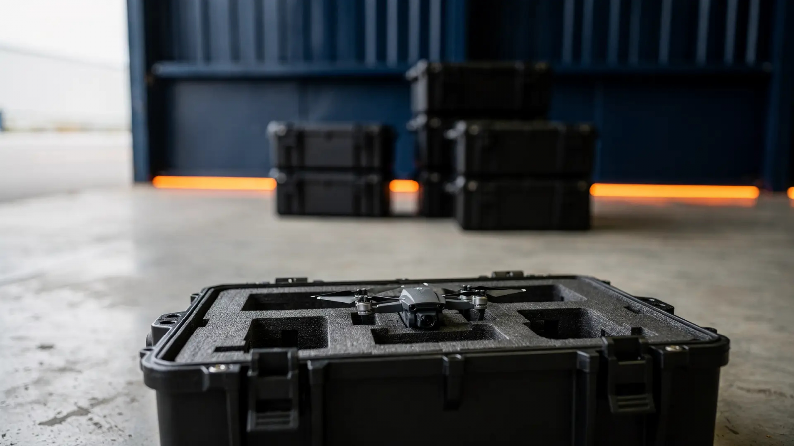 Empty robotics research laboratory, brightly lit, deep navy wall panels and cabinets behind a bare pale grey floor, a thin orange light strip running along the base of the far wall, empty workbenches along both side walls.
