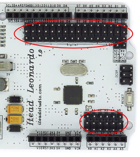 The Itead Leonardo board includes handy 3-pin header connectors