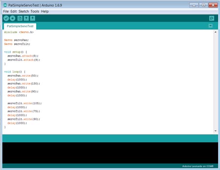 The PalSimpleServoTest sketch, loaded into the Arduino IDE