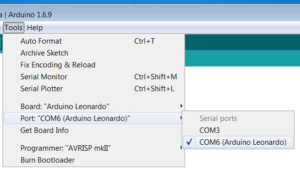 Select the Board and Port in the Arduino IDE for your Itead Leonardo board