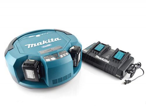 Makita DRC200 Industrial Robot Vacuum with its Charger