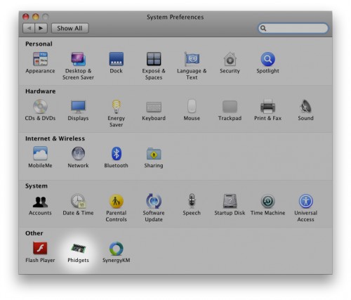 OSX System Preferences with Phidgets Installed