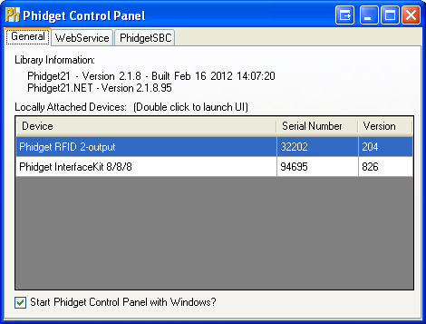 Phidgets Control Panel in Windows